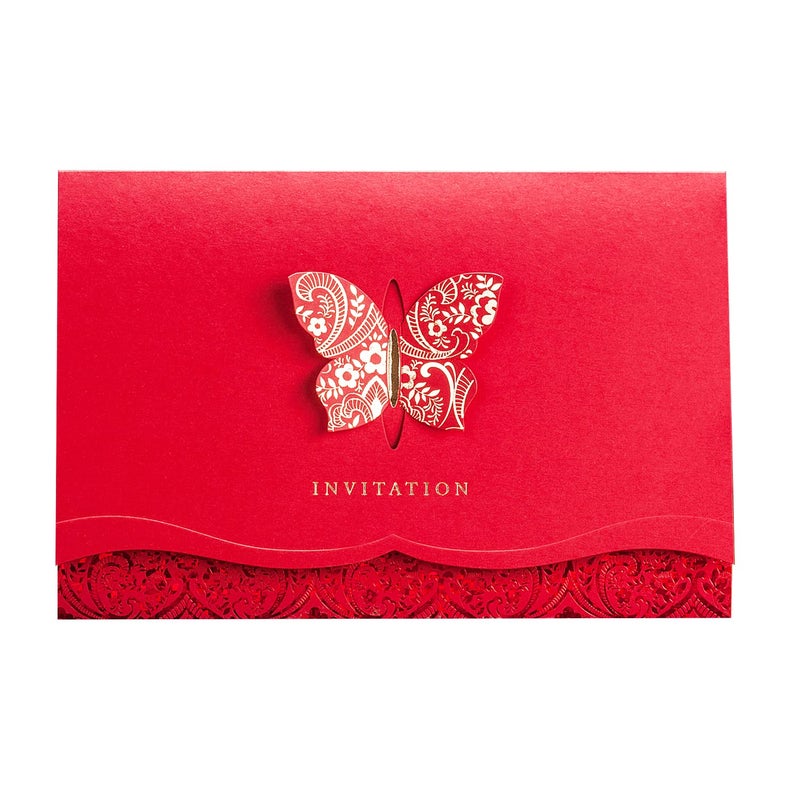 Hosmsua 50pcs Red Laser Cut Lace Flora Invitations Cards with Gold Butterfly and Envelopes for Bridal Shower Wedding QuinceaÃ±era Invitation - Image 1